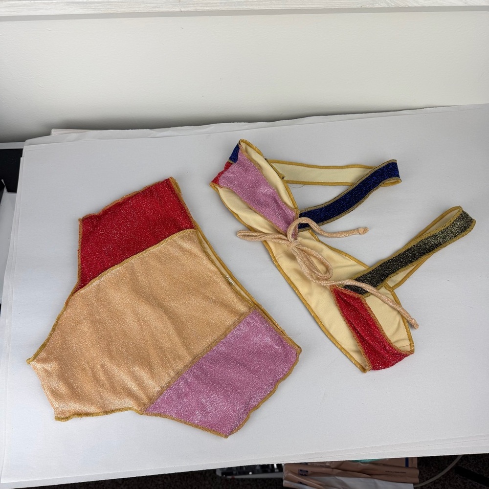 Lumiere Glitter Sparkle Lurex Patchwork Color Block Bikini Set Swimsuit Medium - Picture 3 of 5